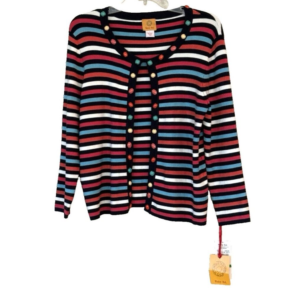 Ruby Road Women's Multi Color Striped Buttons Cardigan Sweater Art to Wear Sz Lg
